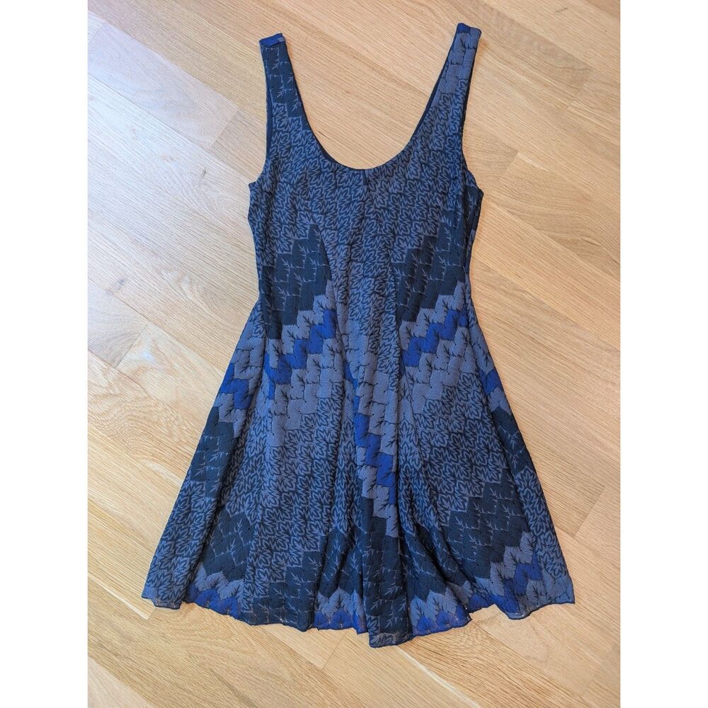 Free People Blue Grey Geometric Knit Mini Dress Sleeveless Fit and Flare